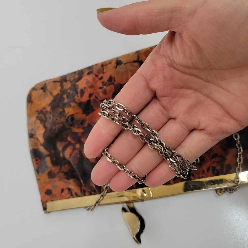 VTG Floral Fabric Unique Opening Bag Clutch Brown Orange Black Flora Gold Strap - Picture 8 of 17